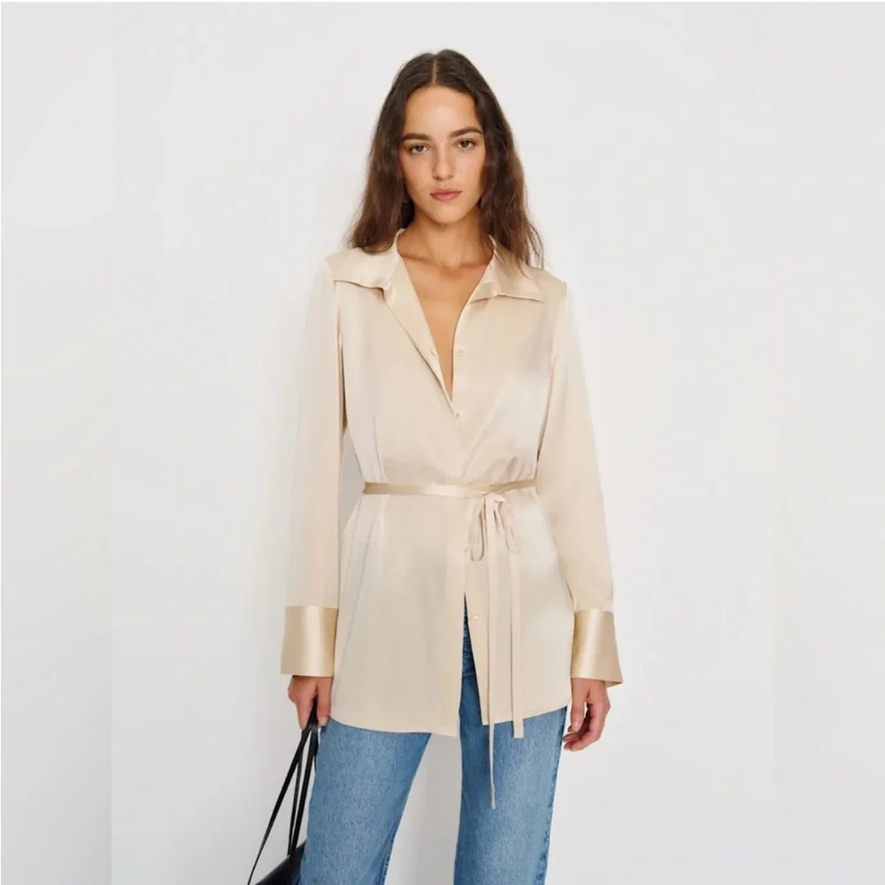 new Reformation Camilla silk belted blouse in almond